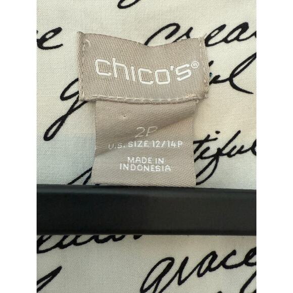 Chico’s Script Print Long Sleeve Button Down Blouse size 2P - L/12P - Picture 3 of 8